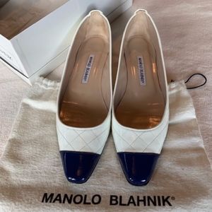 Manolo Blahnik White & Blue Patent Flats